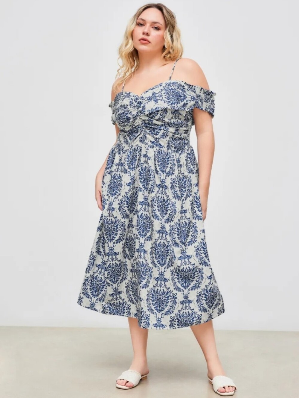 Cider Woven Off-shoulder Floral Ruffle Maxi Dress
